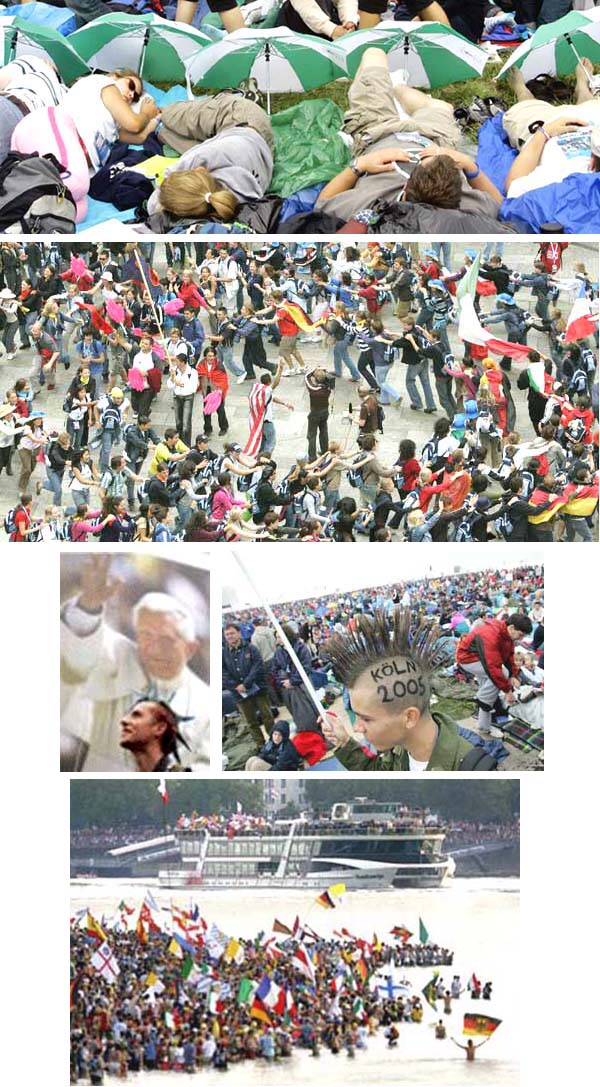 Various photographs of crowds, couples, and the pope at World Youth Day 2005